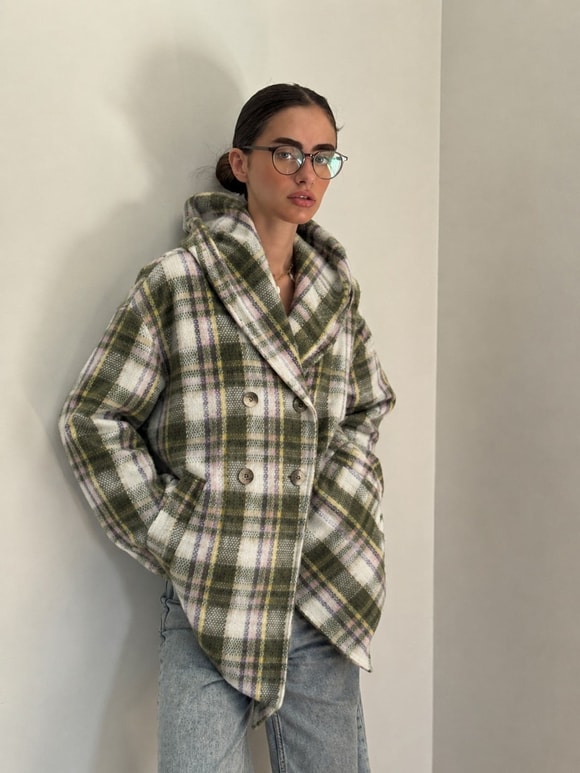 Retrobird Urban Retro Kapüşonlu Oversize Yeşil Lila Ceket Kaban