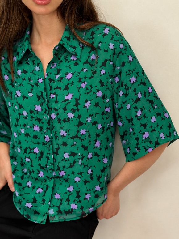 Retrobird Yeşil Retro Model Bol Kısa Kol Kadın Gömlek