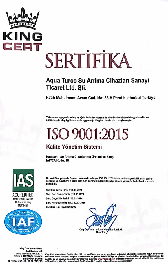 AQUA TURCO ISO 9001:2015 Kalite Yönetim Sistemi Sertifikası