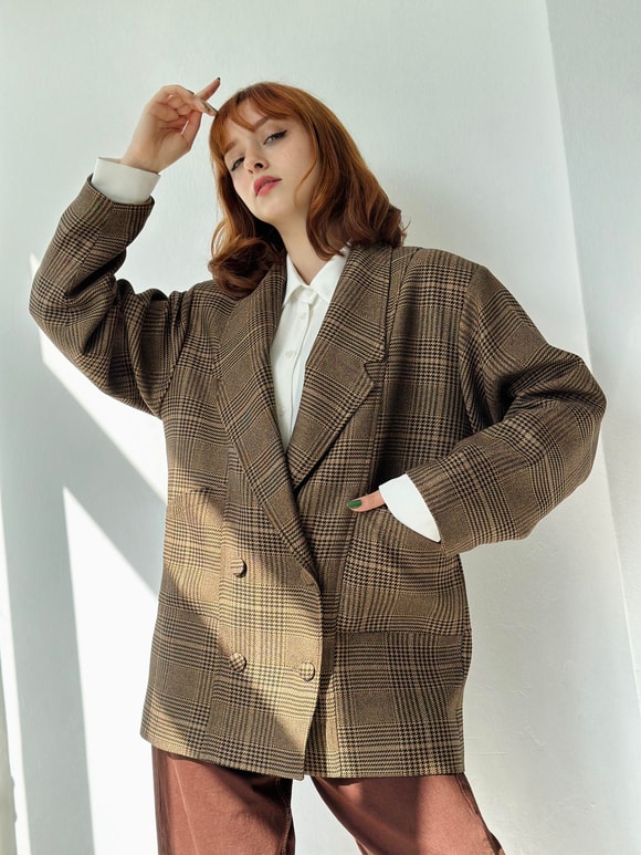 90'lar Retro Model Oversize Tasarım Ekose Ceket
