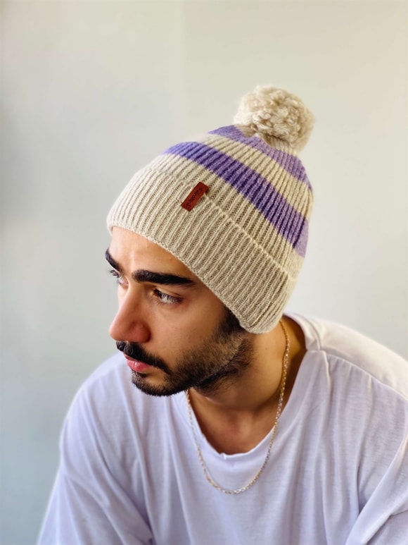 Ponponlu Unisex Çizgili Bere