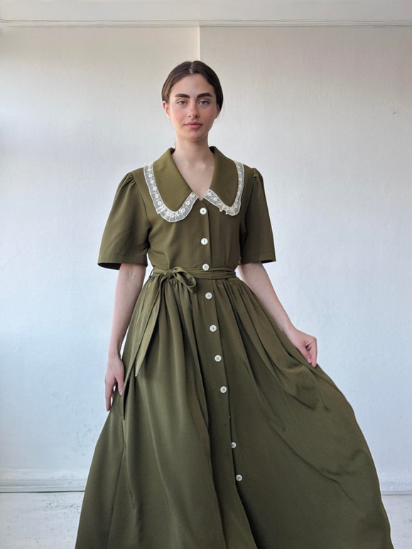 Retrobird 1950'li Yılların Tasarımı Dantelli Betty Maxi Haki Uzun Elbise