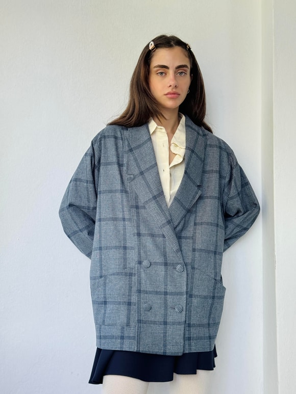 Retrobird 90'lar Retro Model Duman Mavisi Oversize Tasarım Ekose Ceket