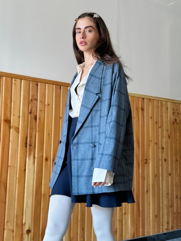 Retrobird 90'lar Retro Model Duman Mavisi Oversize Tasarım Ekose Ceket