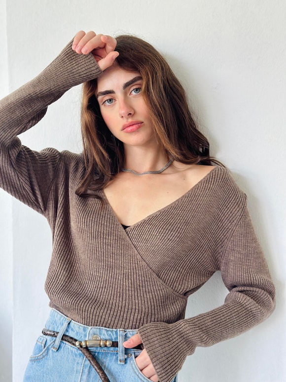 Retrobird Wrap Collar Thin Milk Brown Knitwear Sweater
