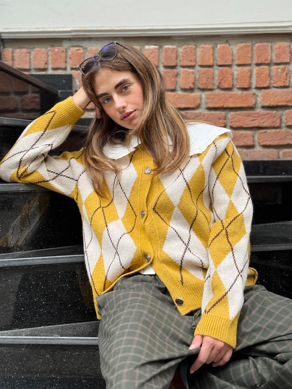 Retrobird Diamond Patterned Mustard Cardigan
