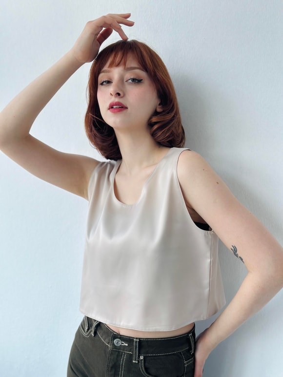 Retrobird Crop Basic Saten Atlet Bluz