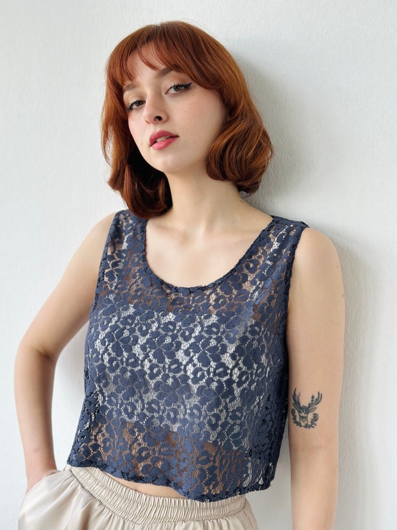 Retrobird Crop Dantel Basic  Atlet Bluz
