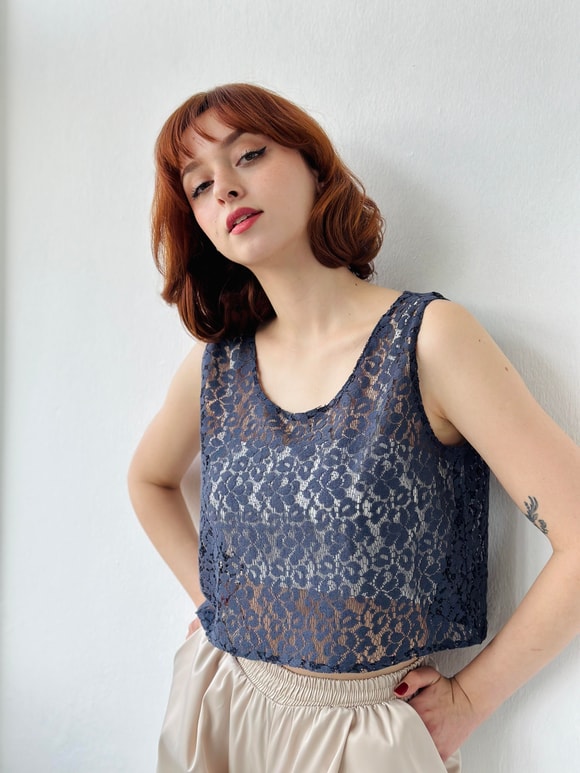 Retrobird Crop Dantel Basic  Atlet Bluz