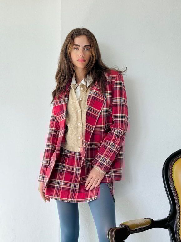 Retrobird Ekose Kırmızı Blazer Ceket
