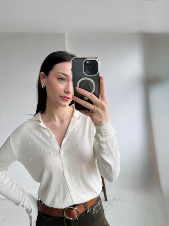 Retrobird İncili Fit İnce Ekru Hırka