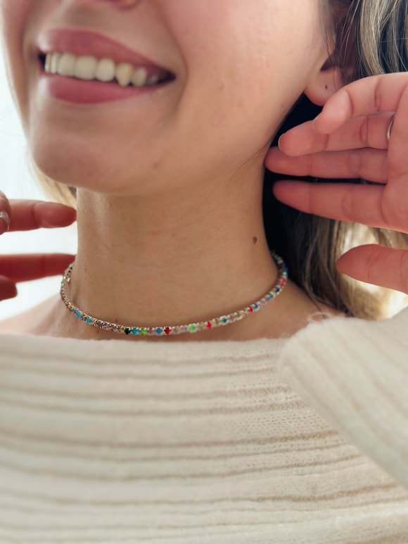 Retrobird Kristal Taşlı Gümüş Rengi Choker Kolye