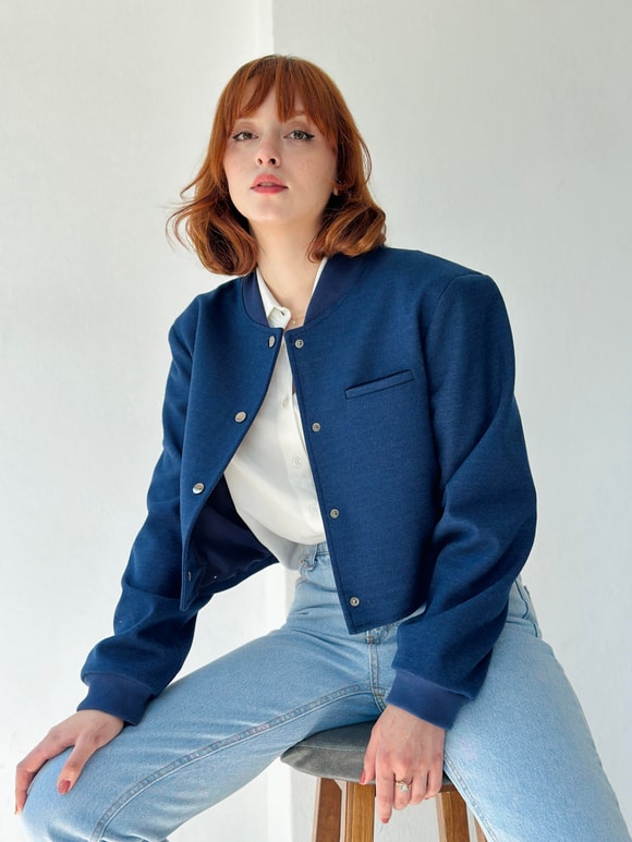 Retrobird Dark Blue Bomber Short Jacket with Padded Shoulders