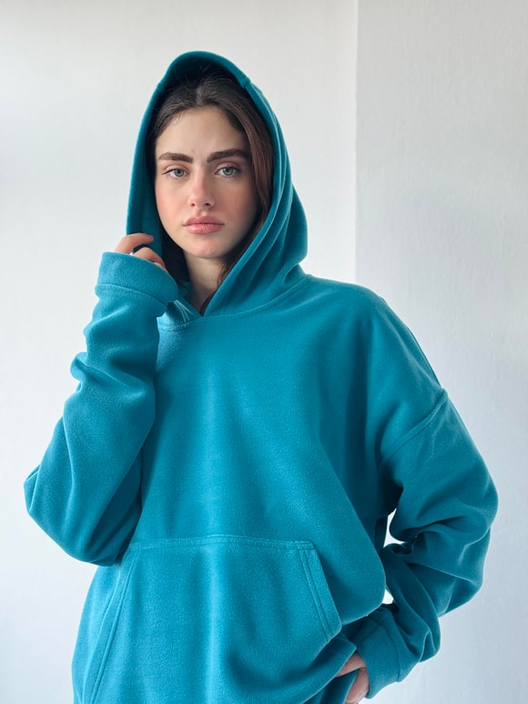 Retrobird Polar Kışlık Oversize Unisex Kapüşonlu Petrol Sweatshirt