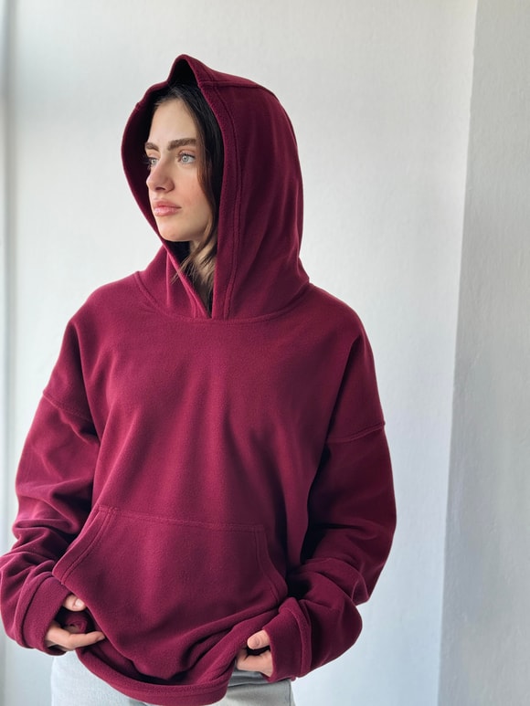 Retrobird Polar Kışlık Oversize Unisex Kapüşonlu Bordo Sweatshirt