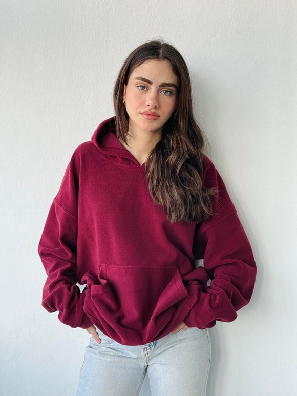 Retrobird Polar Kışlık Oversize Unisex Kapüşonlu Bordo Sweatshirt