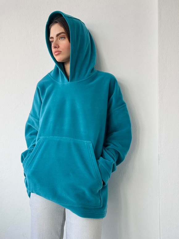 Retrobird Polar Kışlık Oversize Unisex Kapüşonlu Petrol Sweatshirt