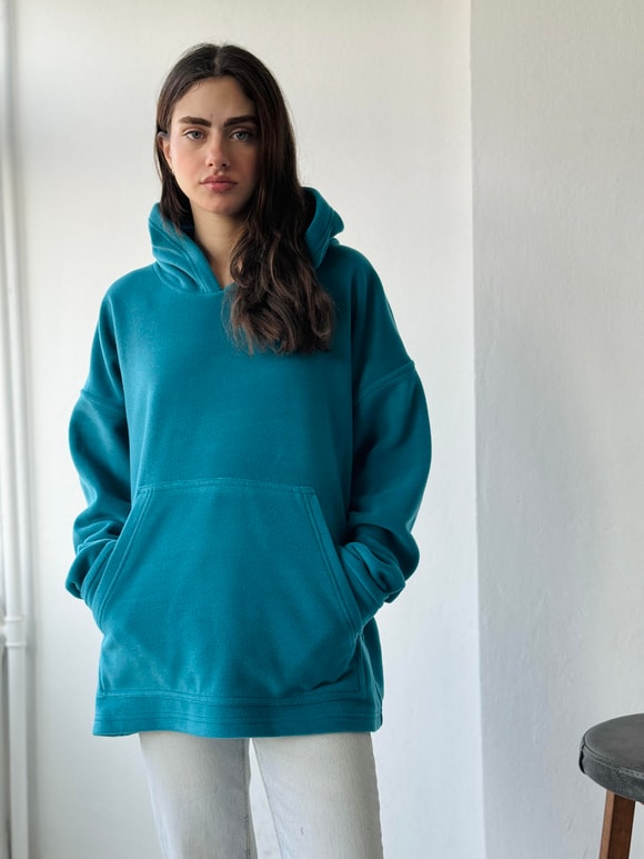Retrobird Polar Kışlık Oversize Unisex Kapüşonlu Petrol Sweatshirt