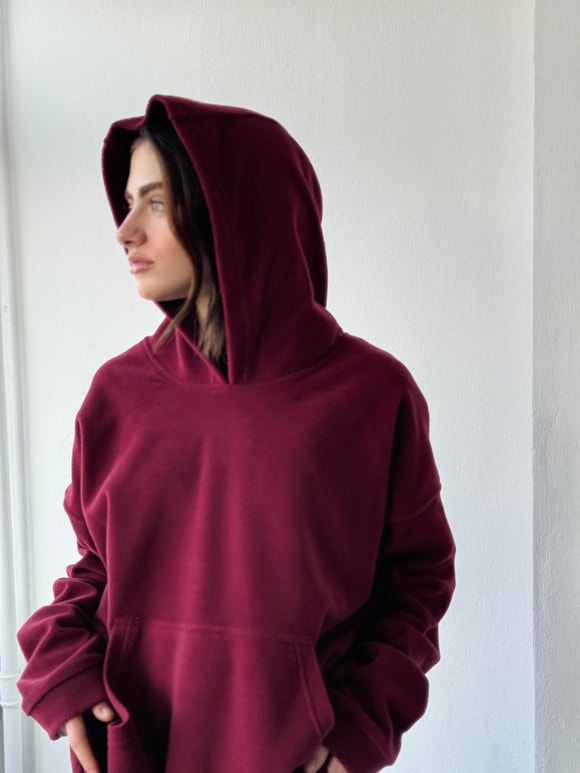 Retrobird Polar Kışlık Oversize Unisex Kapüşonlu Bordo Sweatshirt