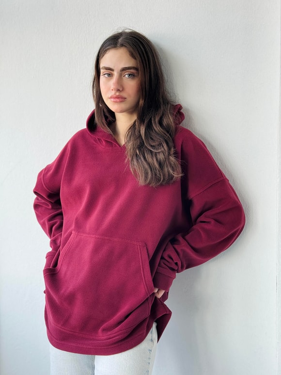 Retrobird Polar Kışlık Oversize Unisex Kapüşonlu Bordo Sweatshirt