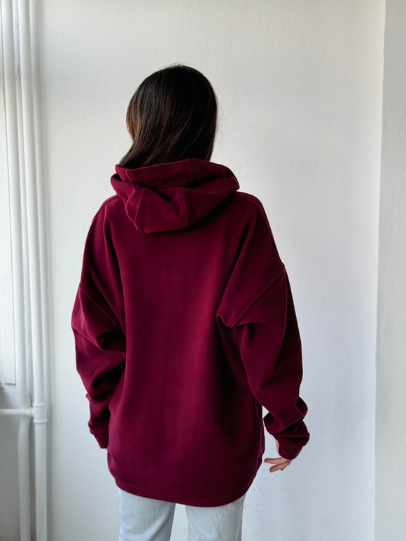 Retrobird Polar Kışlık Oversize Unisex Kapüşonlu Bordo Sweatshirt