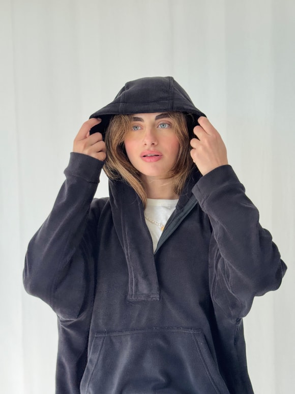 Retrobird Polar Kumaş Oversize Kapüşonlu Siyah Sweatshirt