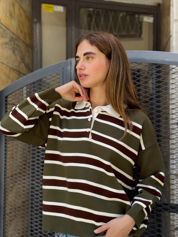 Retrobird Polo Yaka Çizgili Triko Kazak