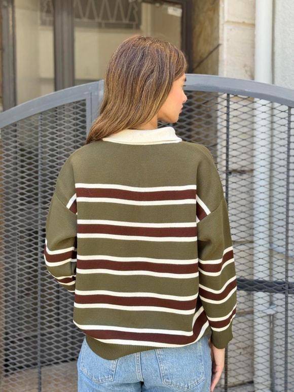 Retrobird Polo Yaka Çizgili Triko Kazak