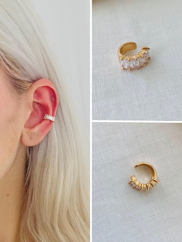 Retrobird Single Brass and Zircon Stone Earcuff Cartilage Gold Earring