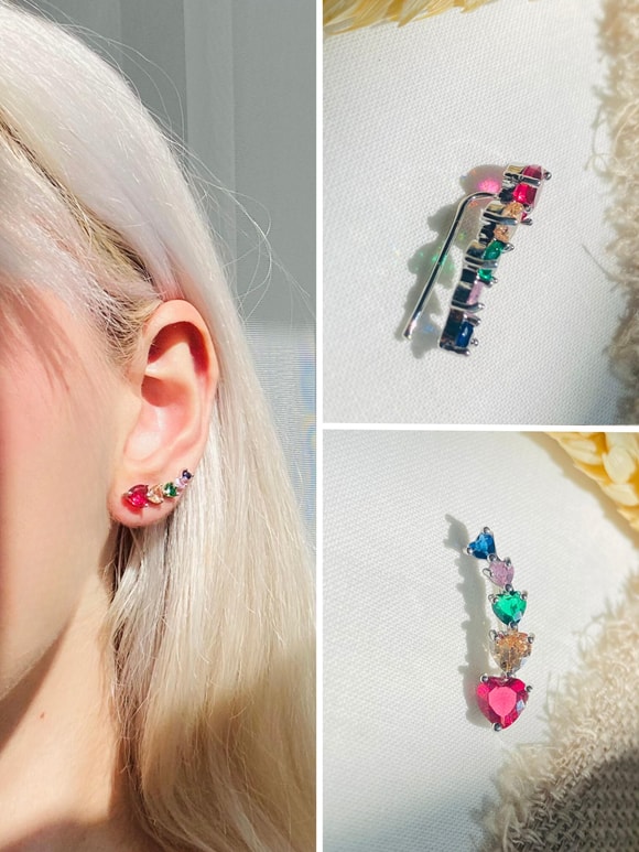 Retrobird Tekli Pirinç ve Zirkon Taşlı Çok Renkli Küpe