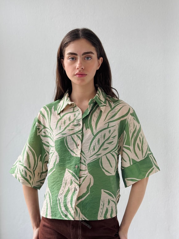 Retrobird Retro Model Yaprak Desenli Kısa Bol Kol Kadın Gömlek