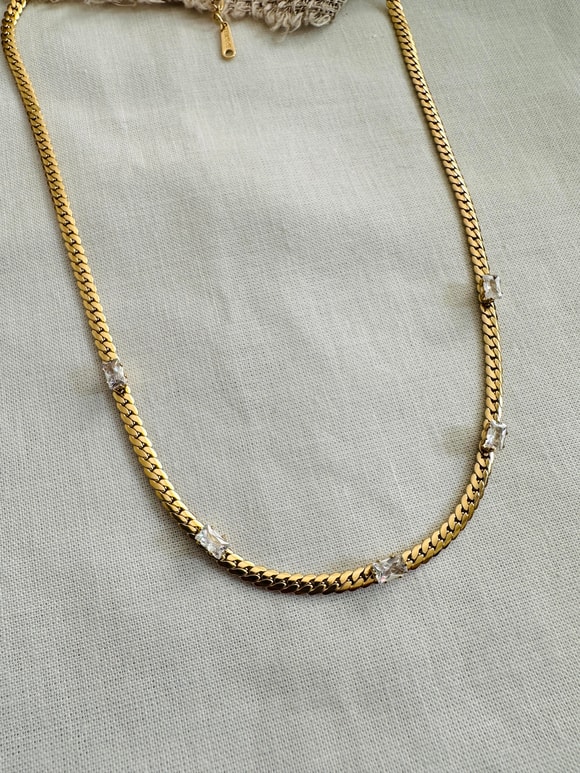 Retrobird Stone Detailed Gold Color Steel Necklace