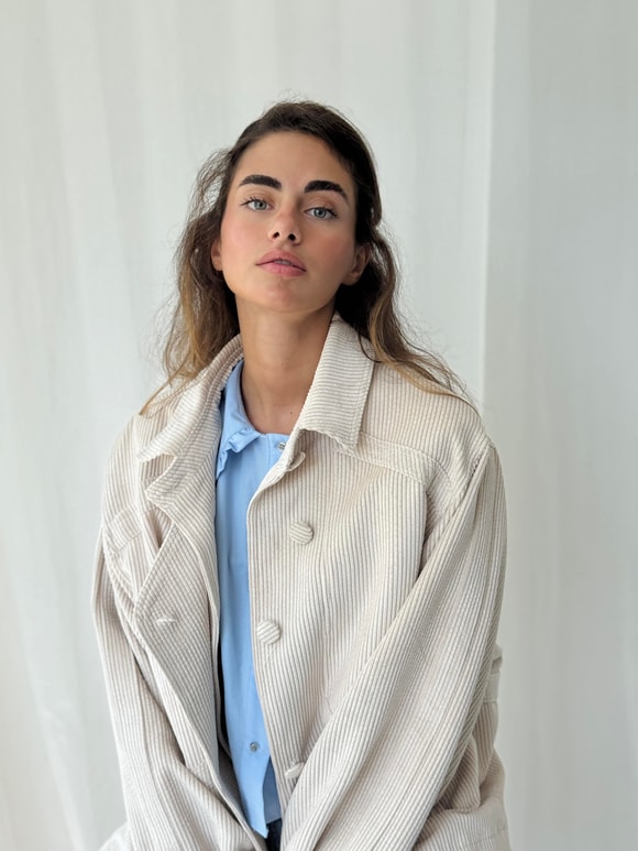 Retrobird Design Beige Velvet Bomber Jacket Coat