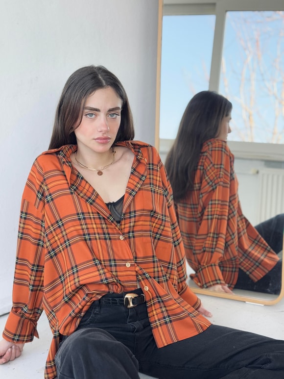 Retrobird Tasarım Boyfriend Çizgili Açık Kiremit Gömlek