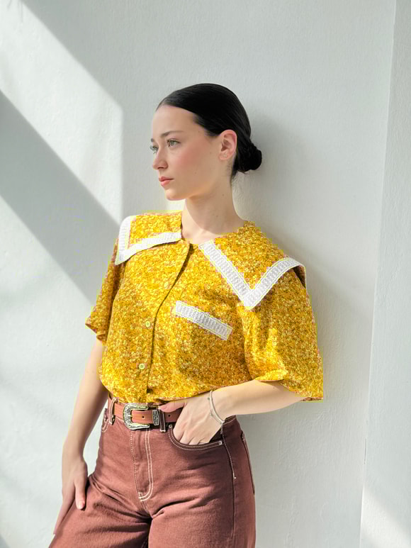 Retrobird Tasarım Dantelli Bebe Yaka Sarı Gömlek