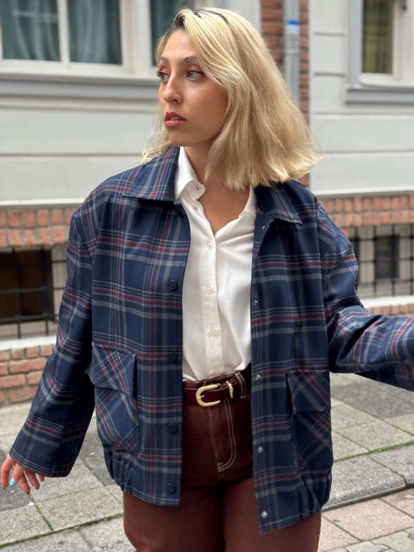 Retrobird Tasarım Ekose Desenli Brooklyn Bomber Ceket