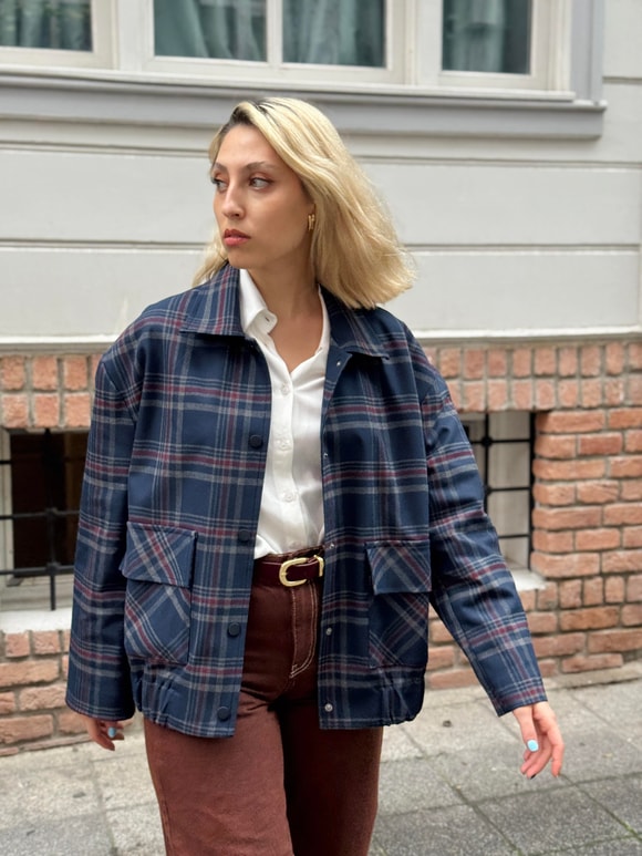 Retrobird Tasarım Ekose Desenli Brooklyn Bomber Ceket