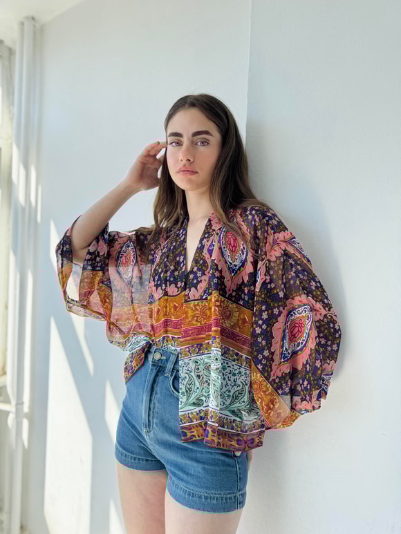 Retrobird Tasarım Etnik Desen Şifon Mini Kimono