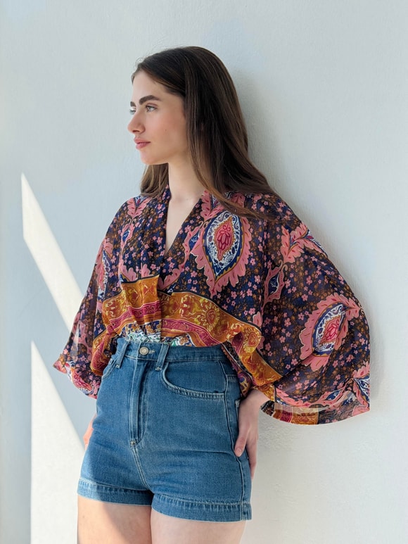 Retrobird Tasarım Etnik Desen Şifon Mini Kimono
