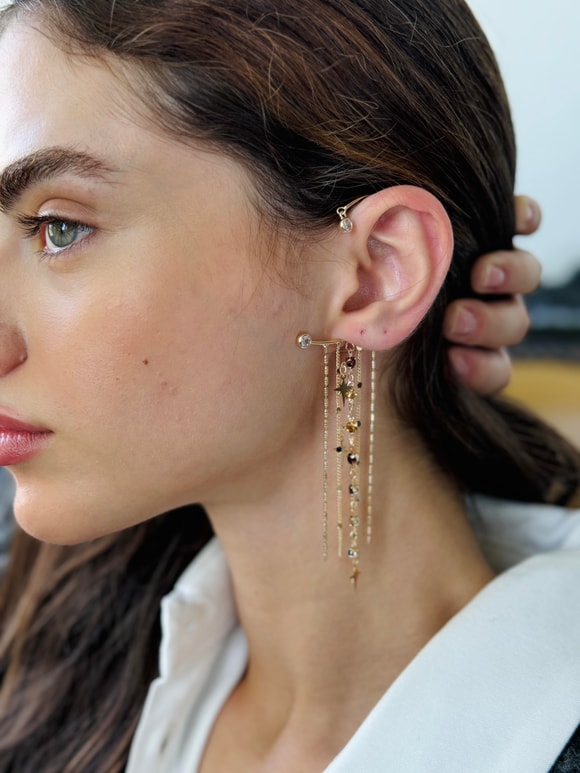 Retrobird Tasarım Gold Renkli Tek Earcuff Sallantılı Küpe