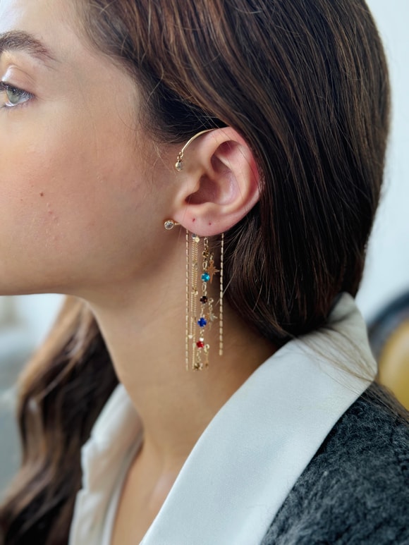 Retrobird Tasarım Gold Renkli Tek Earcuff Sallantılı Küpe