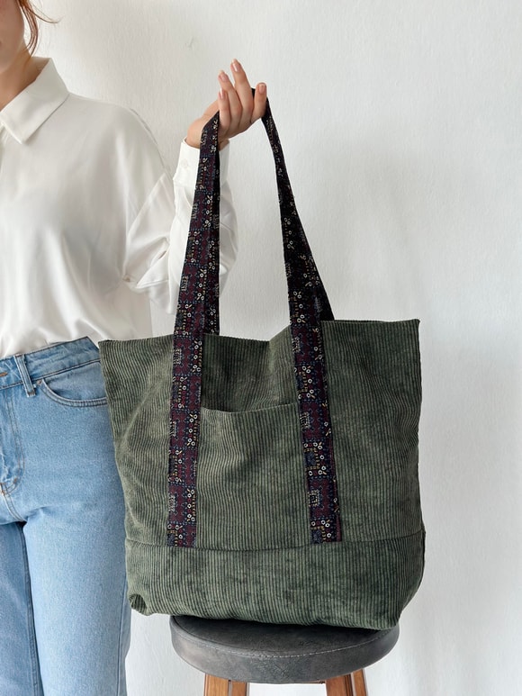 Retrobird Tasarım Kadife Haki Tote Çanta Shopping Bag