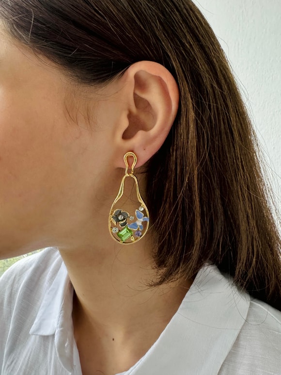 Retrobird Tasarım Mineli Çok Renkli Pirinç Retro Model Küpe