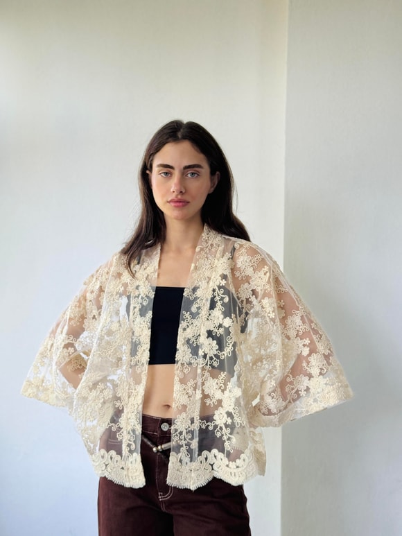 Retrobird Tasarım Krem Tül Mavi Mini Kimono