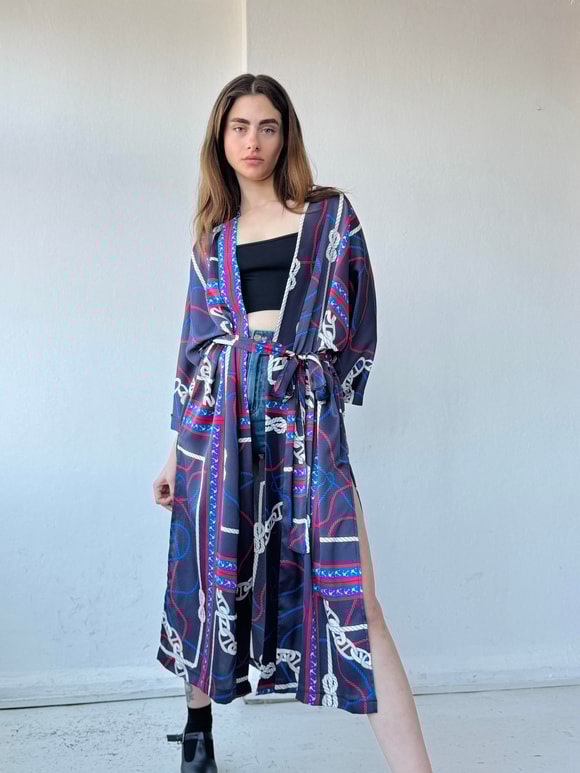 Retrobird Tasarım Marin Zincir Desen Uzun Kimono