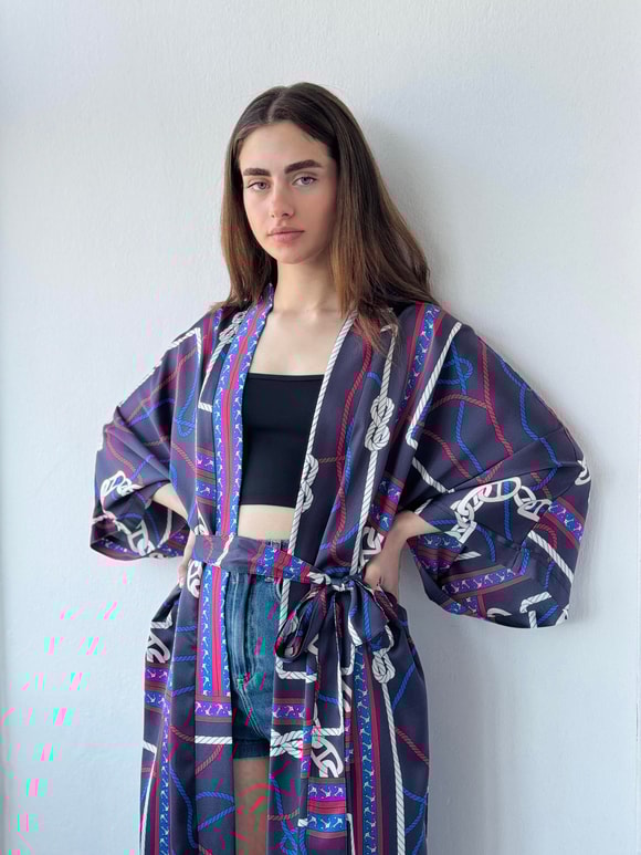Retrobird Tasarım Marin Zincir Desen Uzun Kimono