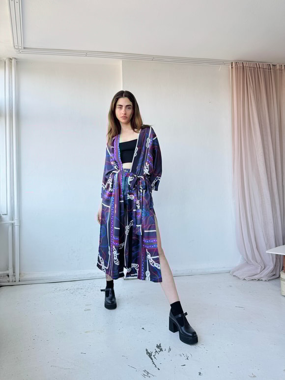 Retrobird Tasarım Marin Zincir Desen Uzun Kimono