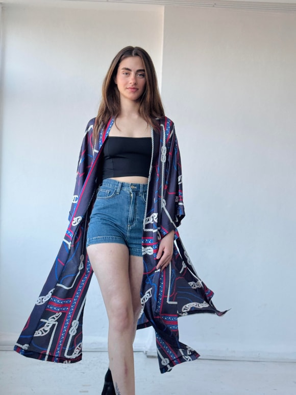 Retrobird Tasarım Marin Zincir Desen Uzun Kimono