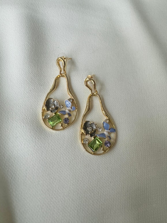 Retrobird Tasarım Mineli Çok Renkli Pirinç Retro Model Küpe