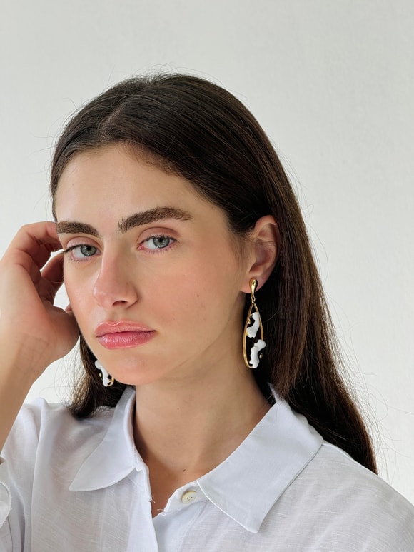 Retrobird Tasarım Mineli Pirinç Retro Model Küpe